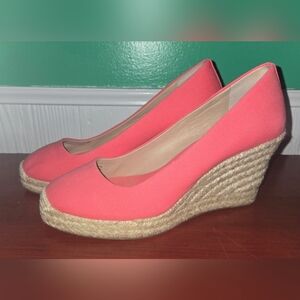 J Crew Seville Espadrille Pink Salmon Canvas Round Toe Woven Jute Wedge Sz 8